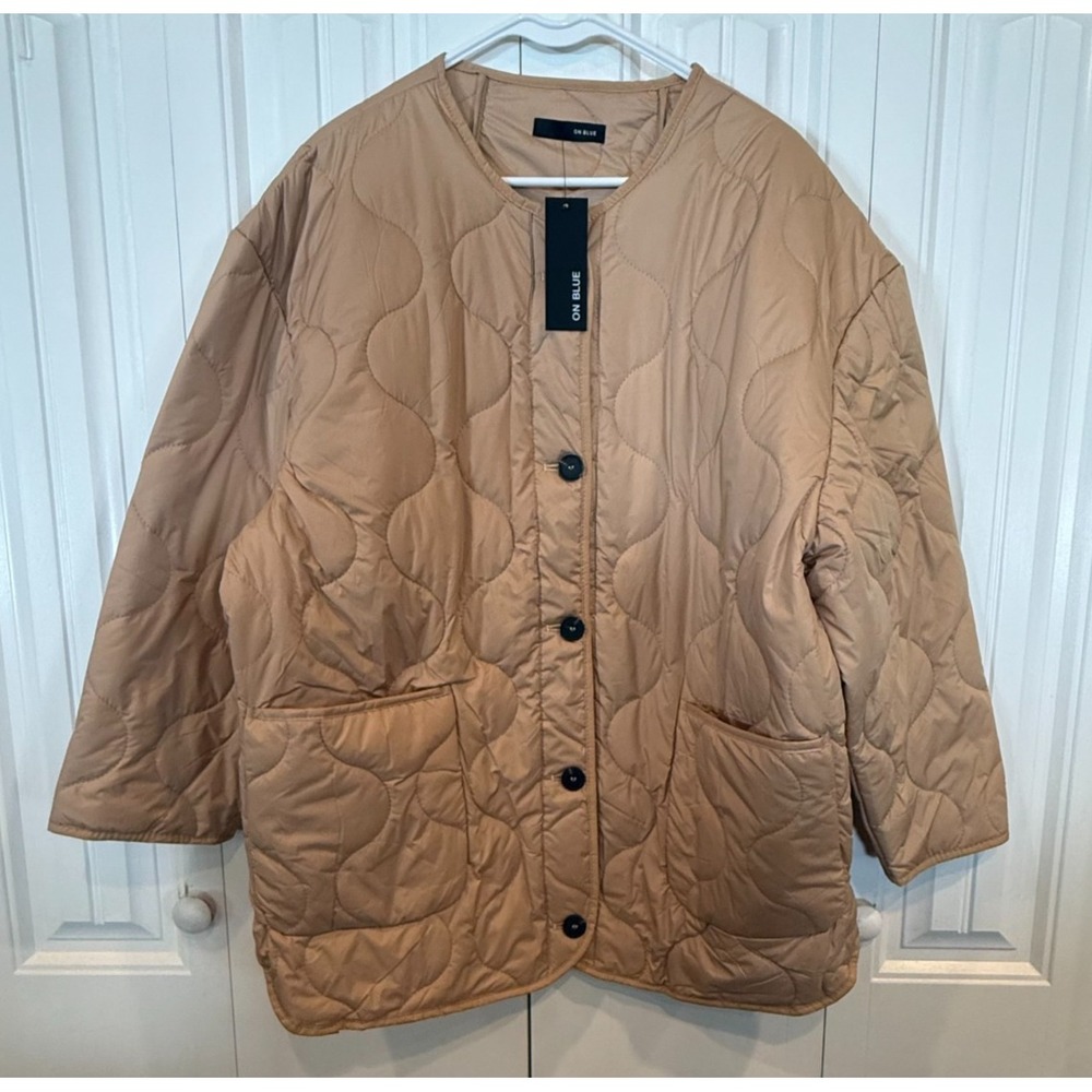 ON BLUE Women's Quilted Jacket Beige Snap Front Lightweight Oversized Coat NWT